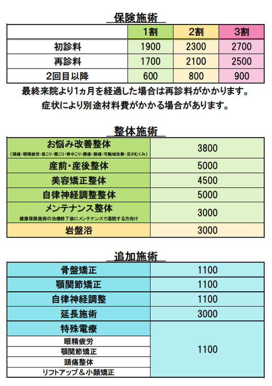 【健桜整骨院 料金・サービス改定のお知らせ】